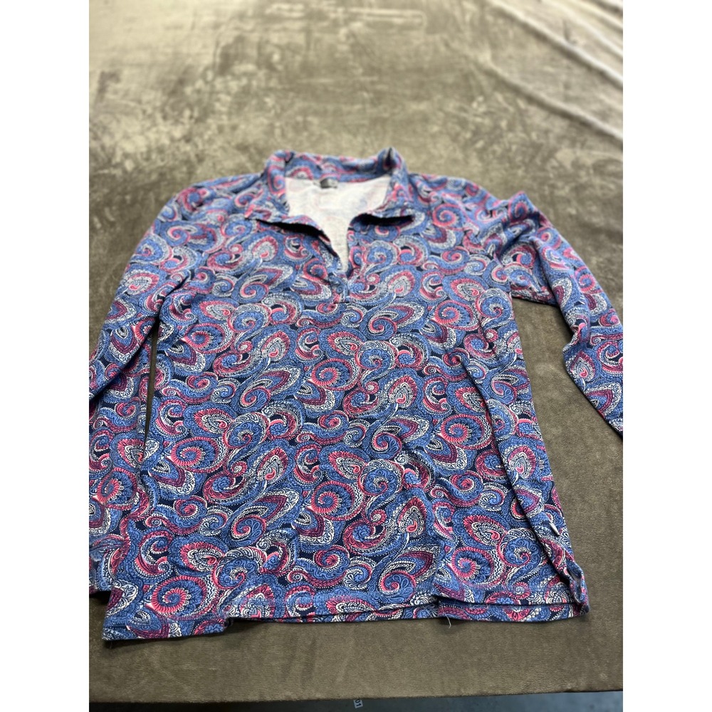 Talbots Womens Large Blue Pink‎ Paisley Swirl Long Sleeve Knit Polo Shirt